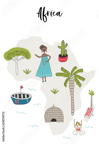 Illustrated map of Africa with fun hand drawn characters, local plants and elements. Color vector illustration