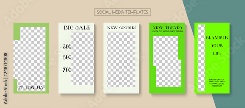 Editable Stories Minimal Vector Layout. Social Media Like and Share, Trends, Sale -50 Photo Frames Kit. Sale Insta Stories Layout
