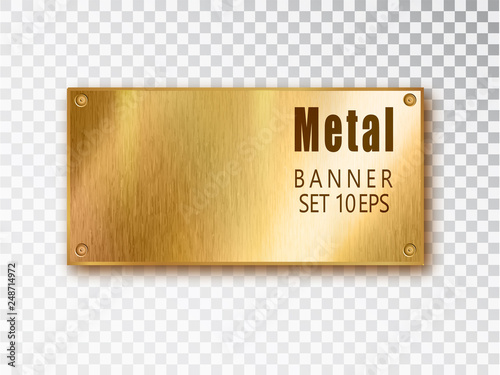 Metal gold banners realistic. Vector Metal brushed plates with a place for inscriptions isolated on transparent background. Realistic 3D design. Stainless steel background.