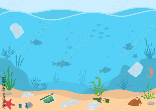 Ocean pollution, plastic bottles and trash  in water. Ecology problems concept. Panoramic seascape. Flat style, vector illustration. 