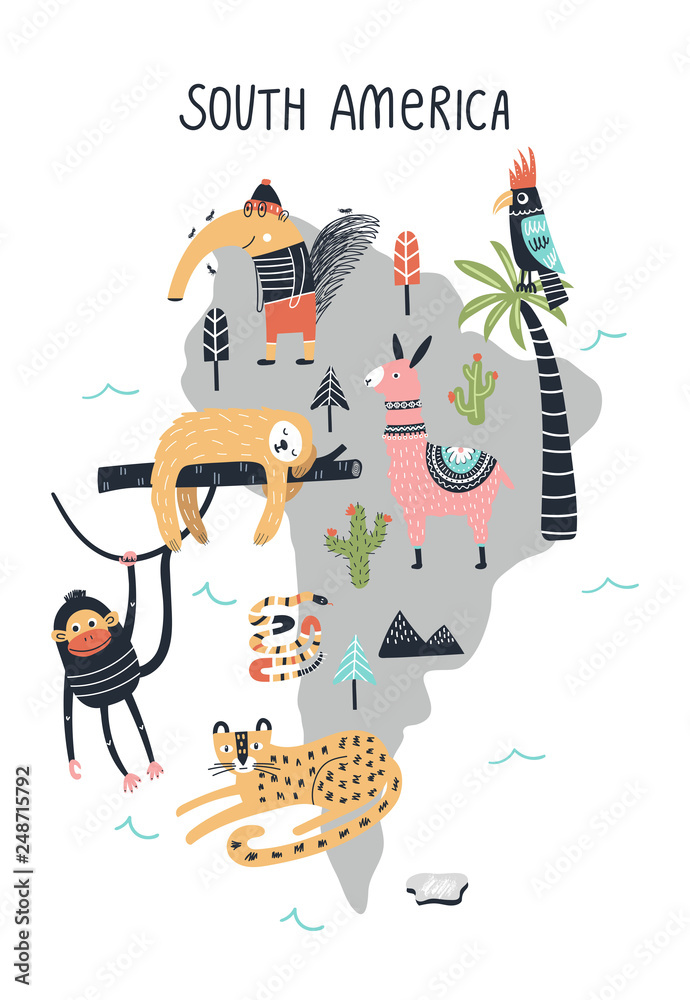 Animal World Map South America. Cute hand drawn nursery print in scandinavian style. Vector