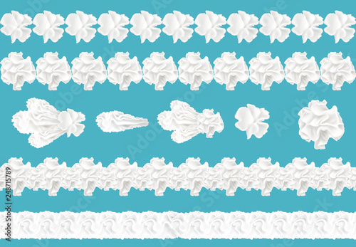 Vector 3d realistic collection of seamless cream borders for cake, pie. Confectionery element in white color, isolated on blue background. Whipped milk product, yogurt twirls. Decoration for dessert.