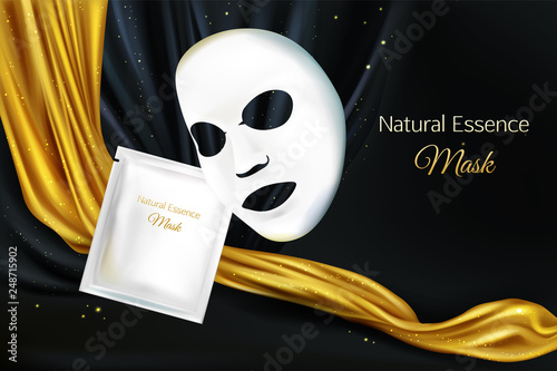 Vector 3d realistic mock up of white sheet facial cosmetic mask for women, lux concept with black background and golden fabric, cloth. Skincare product for face. Background with moisturizing cosmetics