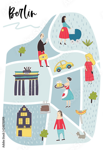 Illustrated Map of Berlin with cute and fun hand drawn characters, plants and elements. Color vector illustration