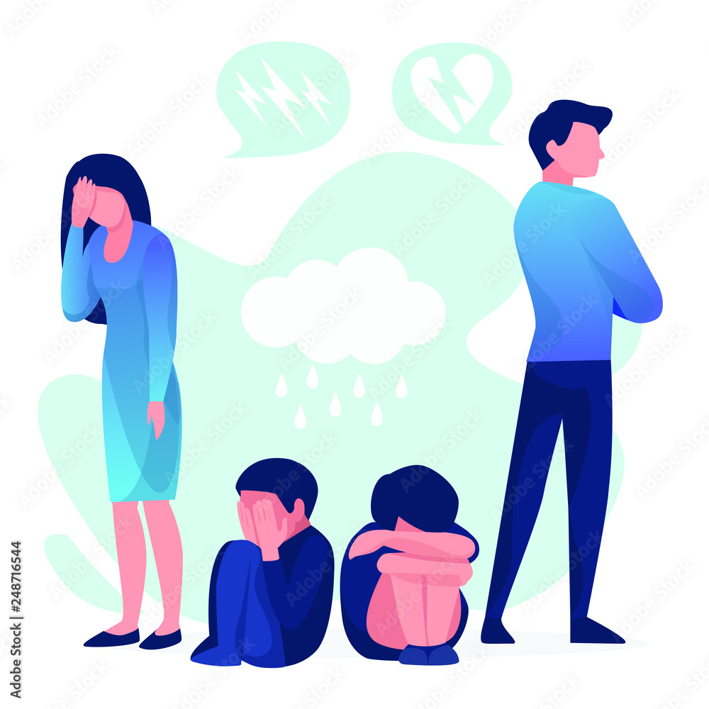 Angry father turned away from the child. Sad child sitting on the floor