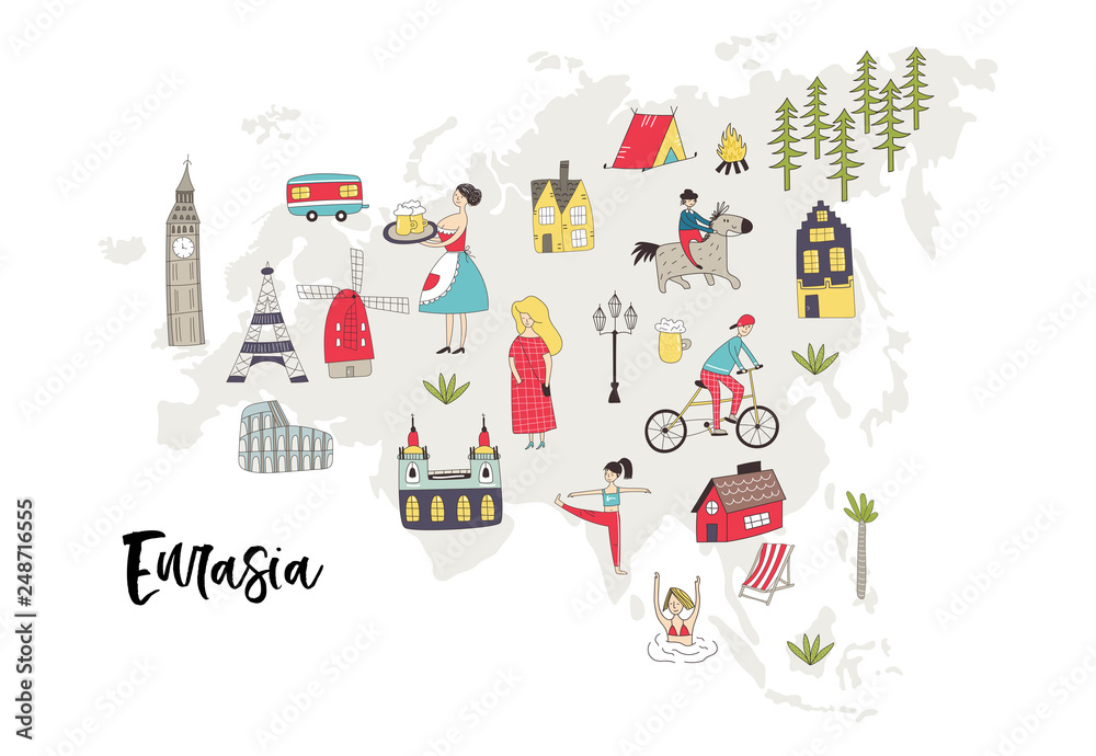 Fototapeta premium Illustrated World Map with fun hand drawn characters, plants and elements. Cartoon color vector illustration