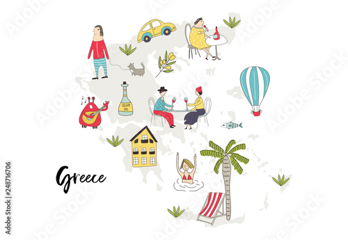 Illustrated Map of Greece with cute and fun hand drawn characters, plants and elements. Color vector illustration