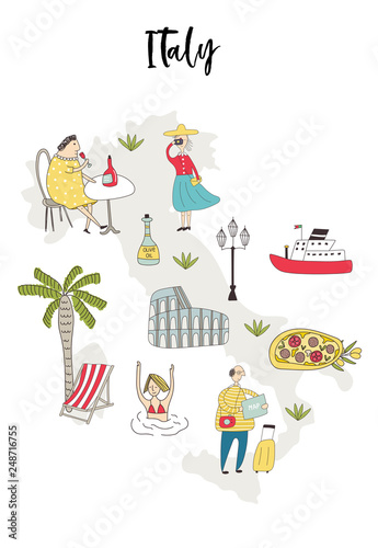 Illustrated Map of Italy with cute and fun hand drawn characters, plants and elements. Color vector illustration