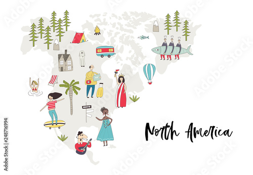 Illustrated Map of North America with fun hand drawn characters, plants and elements. Cartoon color vector illustration