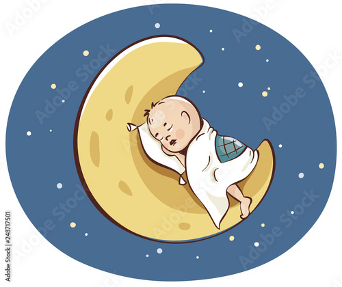 Magic dream. Vector illustration, little baby asleep on the crescent moon