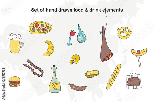 Set of hand drawn cartoon food and drink elements. Vector illustration