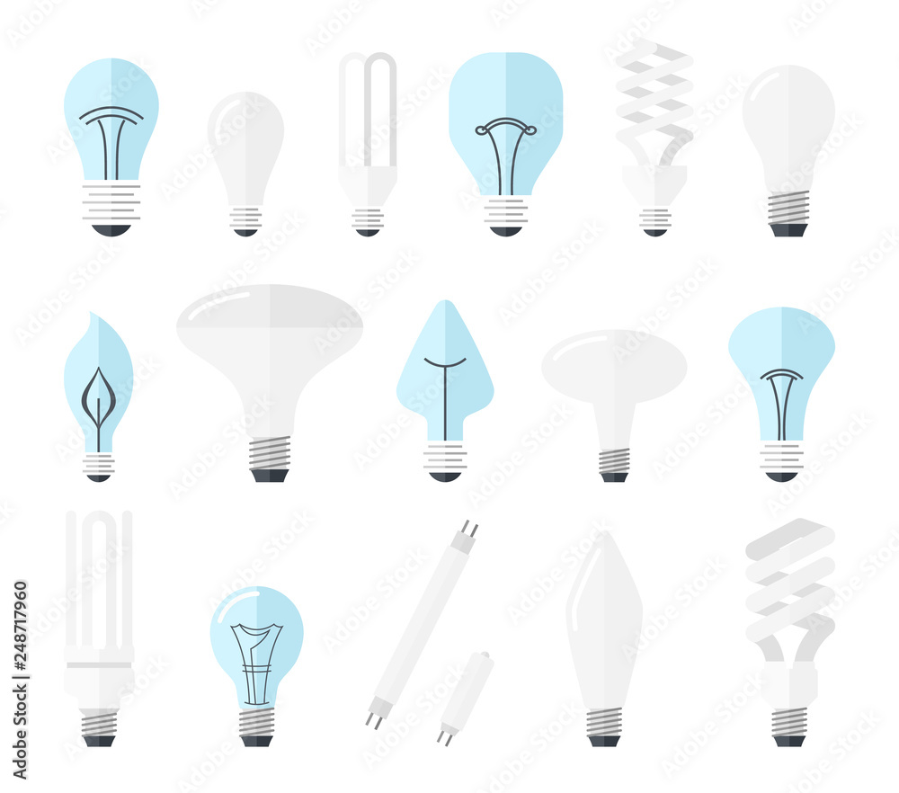 Vector illustration of main electric lighting types: incandescent light bulb,  halogen lamp, cfl and led lamp. Flat style. Stock Vector | Adobe Stock