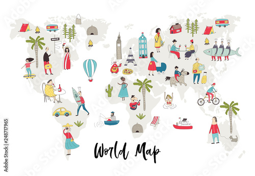 Illustrated World Map with fun hand drawn characters, plants and elements. Cartoon color vector illustration