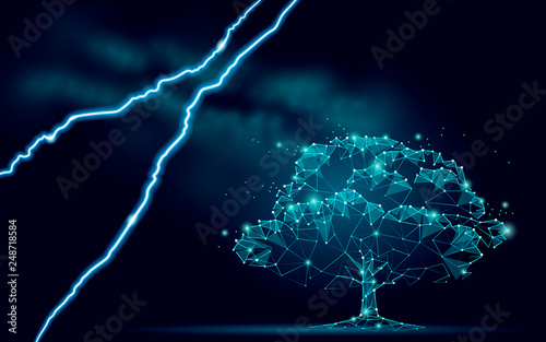 Ecological danger abstract tree concept. Ecology nature pollution save planet forest banner. Lightning threat deforested Earth. 3d render starry space vector illustration