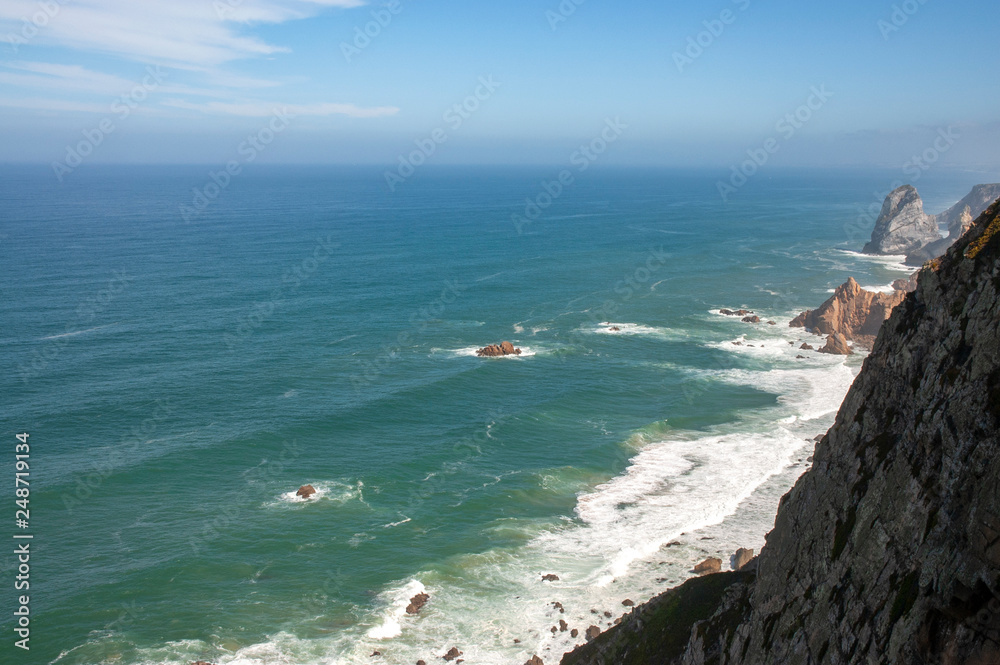 View from Cape Roca (Cabo da Roca) to Atlantic Ocean and cliffs, Sintra, Portugal
