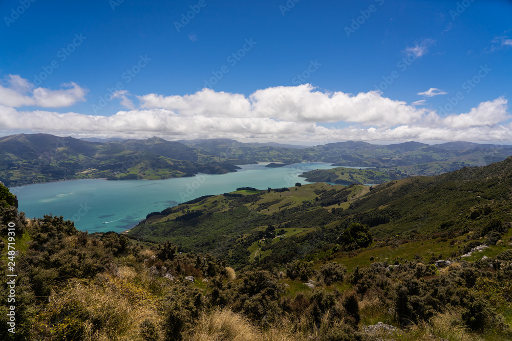 Akaroa ocean bay in New Zealand, Amazing view from the lookout of akaroa, above the beautiful mountains of akaroa New Zealand, amazing ocean bay in New Zealand 