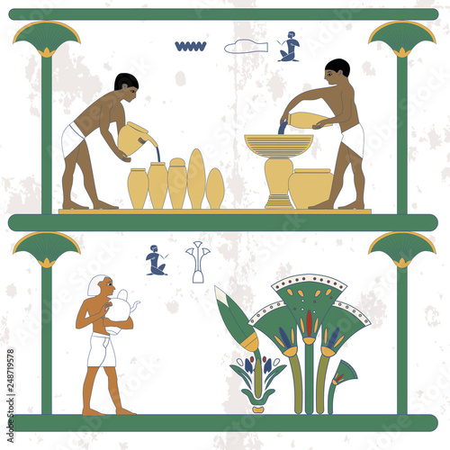 Ancient egypt background. Water carriers at work. Man taking water jug to cane plantation. Historical background. Ancient people photo