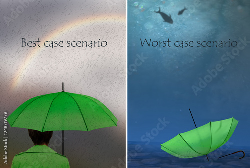 Best and worst case scenarios. Woman with umbrella,. Business, life concept. photo