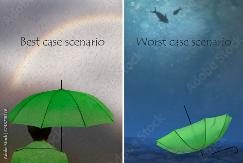 Best and worst case scenarios. Woman with umbrella,. Business, life concept.