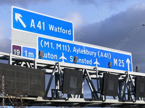 M25 Motorway signs, near Junction 19 in Hertfordshire, UK photo