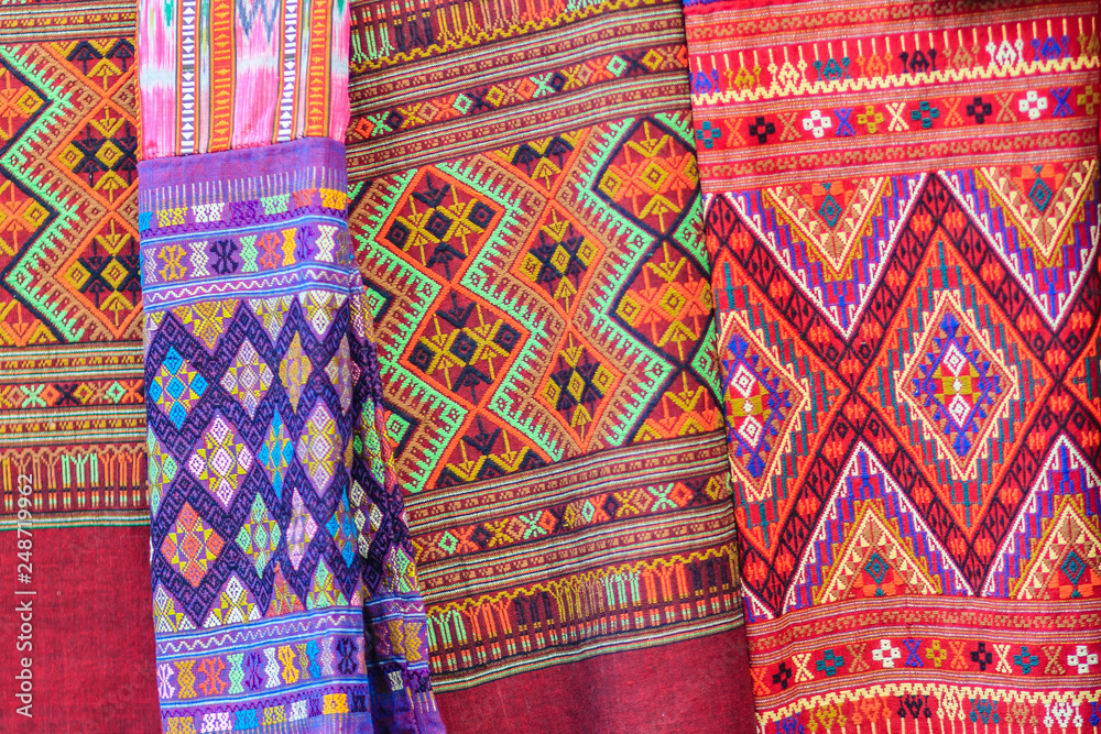 Colorful of native thai style silk and textiles pattern. Beautiful handmade  woven fabrics thai silk fabric textured, with different native style  patterns. Stock Photo | Adobe Stock