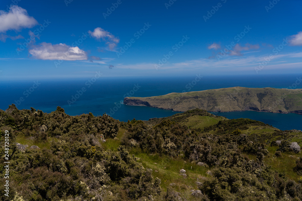 Coastline in Akaroa New Zealand, Amazing view from the lookout of akaroa, above the beautiful mountains of akaroa New Zealand