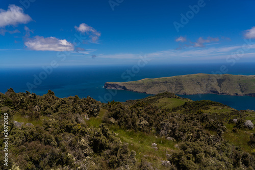 Coastline in Akaroa New Zealand, Amazing view from the lookout of akaroa, above the beautiful mountains of akaroa New Zealand