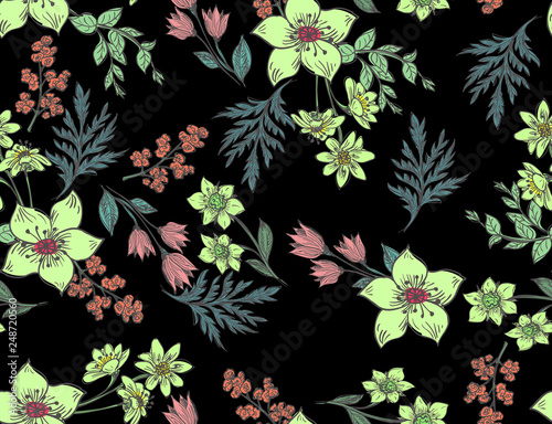wildflowers seamless pattern floral background with hand drawn plants