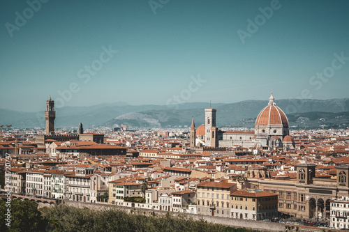 view of Florence in Italy with Old Palace and Dome of Cathedral from Michelangelo Square