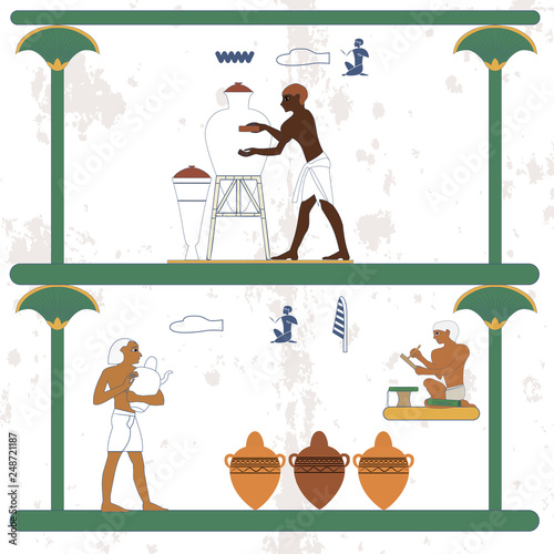 Ancient egypt background. Ceramist at work. Scribe and ceramist counting jugs. Historical background. Ancient people photo