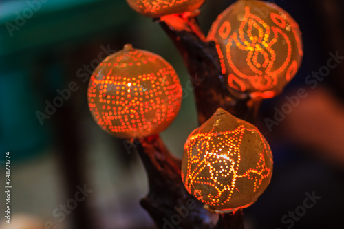 Beautiful handmade lantern lamp made from Strychnos nux-blanda A.W. Hill, fruits. Product of Thailand.