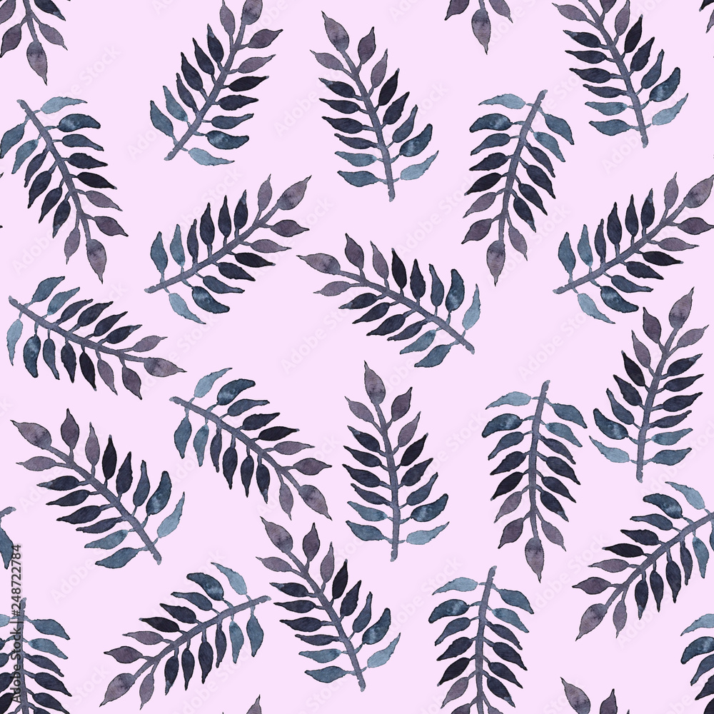  Pattern with watercolor leaves on a pink background