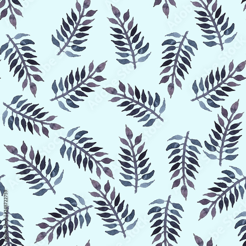   Pattern with watercolor leaves on a blue background
