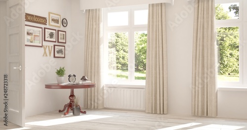Fototapeta Naklejka Na Ścianę i Meble -  White stylish empty room in hight resolution with summer landscape in window. Scandinavian interior design. 3D illustration