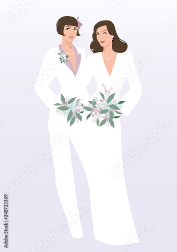 Queer Wedding. Couple of newly married lesbian brides. Beautiful women wearing elegant suit, wedding dress and bouquets of flowers. LGBTQ Rights