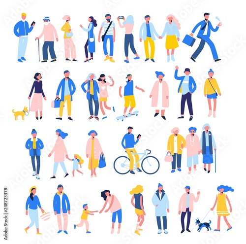 Set of people in different situations - walk, use smartphone, ride bike, relax.