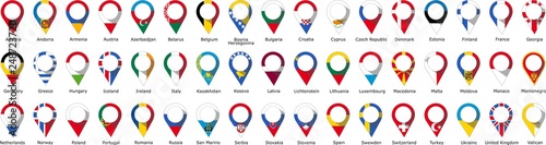 Flags in the form of pins of the countries of Europe Geographical with the name of each country written below