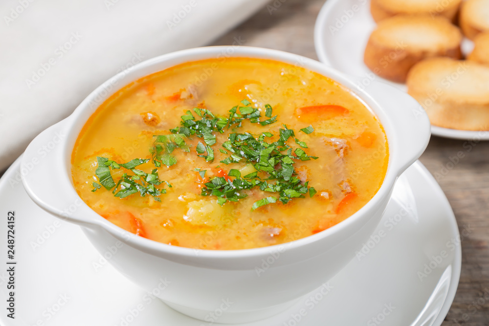 Red lentil soup with vegetables. The view from the top. Copy-space.