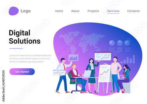 Digital Solutions Business Analytics Planning Management Marketing vector illustration. Teamwork people standing sitting with graphics charts and diagrams statistics banner poster design.