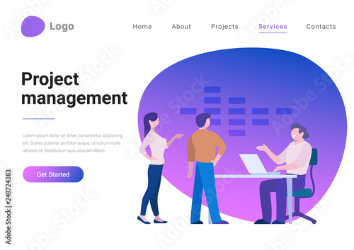 Effective Project Management Flat style vector illustration landing page banner. Employees standing near boss top manager workplace.