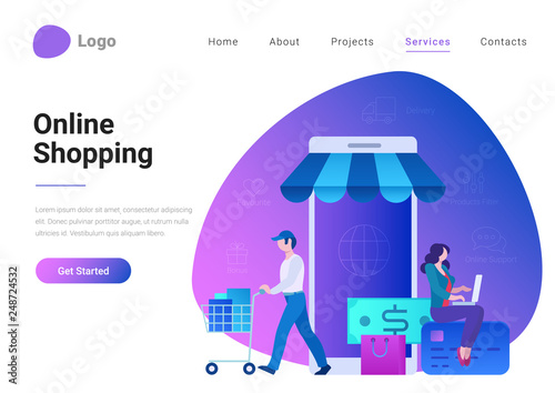 Shopping Online E-commerce Flat style landing page banner vector illustration. Electronic business, sales concept. Man and woman near store shop as smartphone.