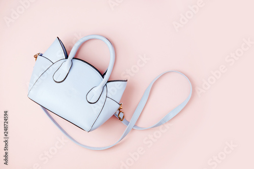 Cute handbag on pink  background . Flat lay, top view. Spring fashion concept in pastel colored