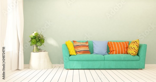 White stylish minimalist room in hight resolution with colorful sofa. Scandinavian interior design. 3D illustration