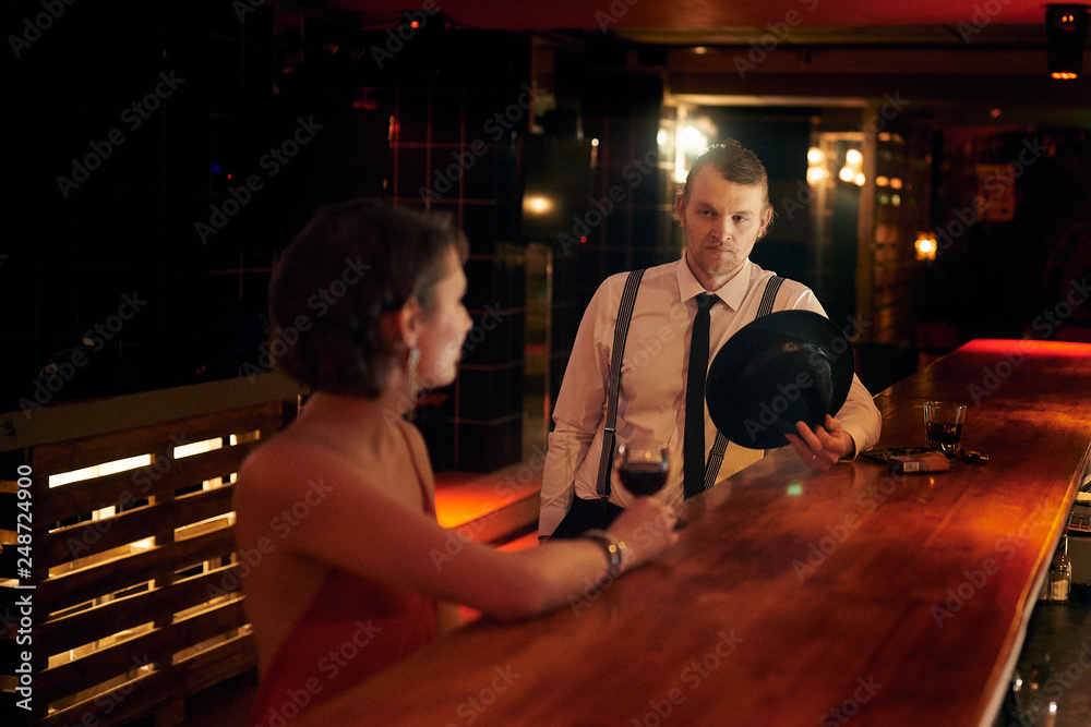 Romantic love story in the bar 40s. Retro style.