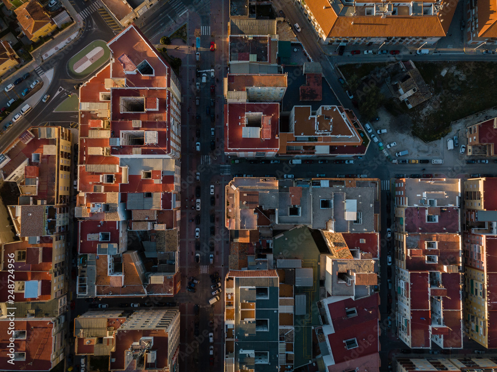 Top down aerial view of small town center in Canals, Spain.
