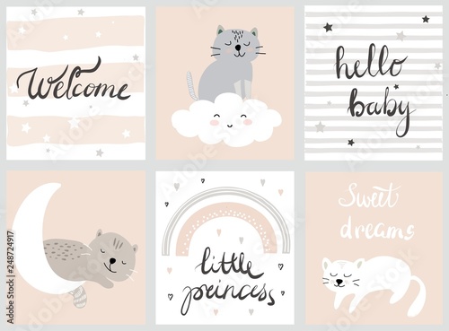 cute baby set vector illustations for nursery or baby shower with cats,moon, cloud, stars