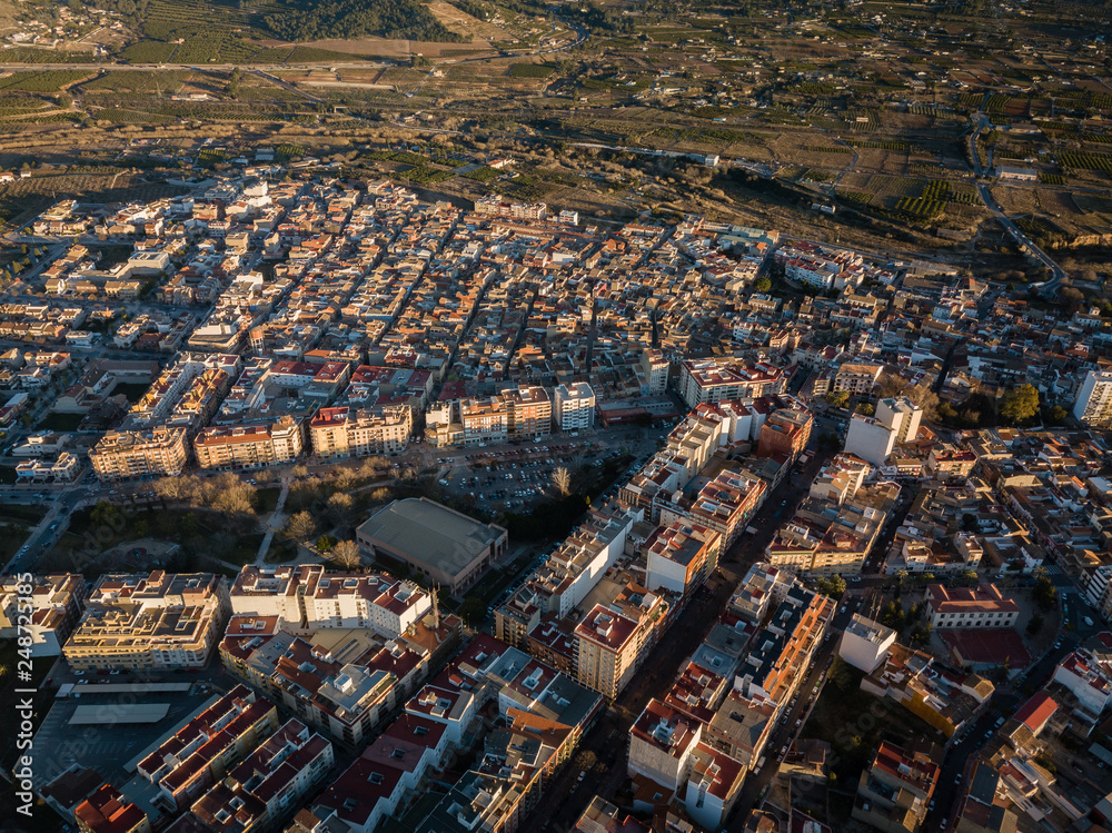 Top down aerial view of small town center in Canals, Spain.