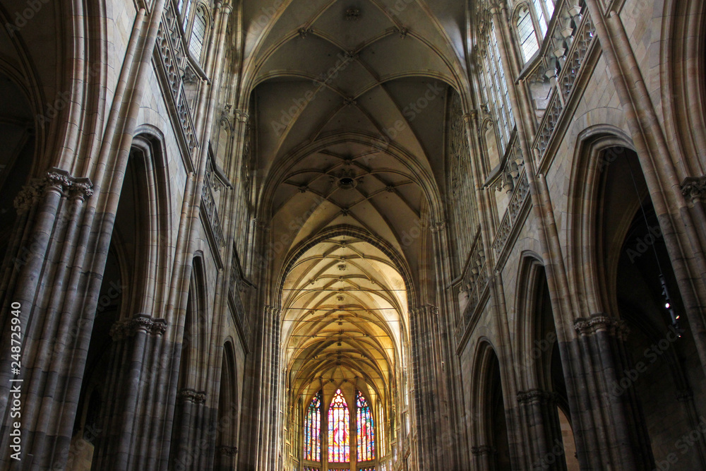 Interior of St. Vitus Cathedral in Prague, Czech Republic. Ceiling arch view