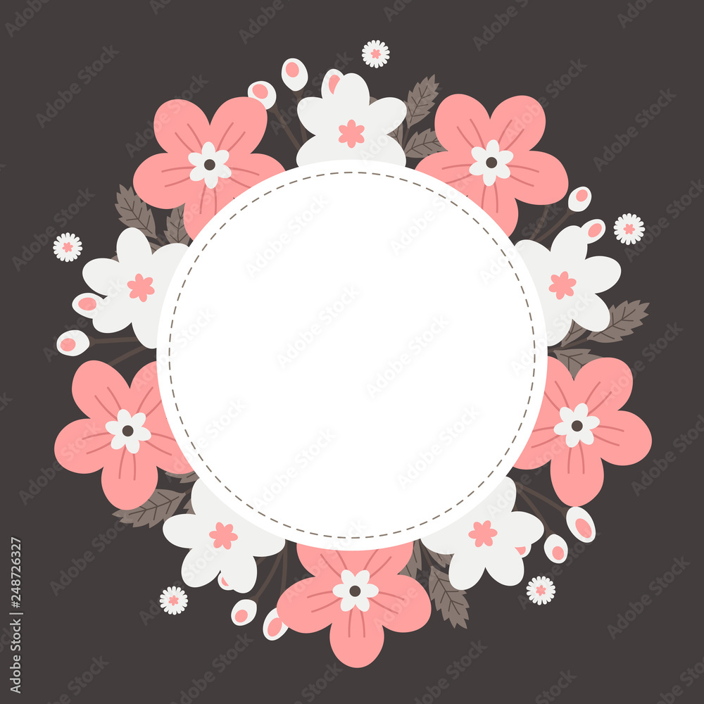 Floral greeting card and invitation template for wedding or birthday anniversary, Vector circle shape of text box label and frame, Pink flowers wreath ivy style with branch and leaves. Floral greeting card and invitation template for wedding or birthday anniversary, Vector circle shape of text box label and frame, Pink flowers wreath ivy style with branch and leaves.