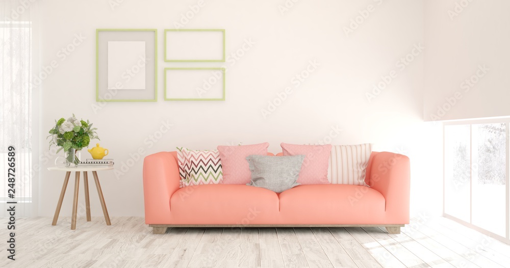 Fototapeta premium White stylish minimalist room in hight resolution with coral sofa. Scandinavian interior design. 3D illustration